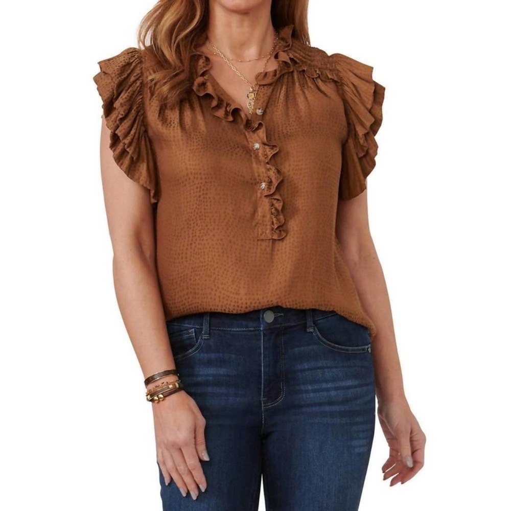 Democracy Dotted Woven Jacquard Ruffle Blouse Size XL